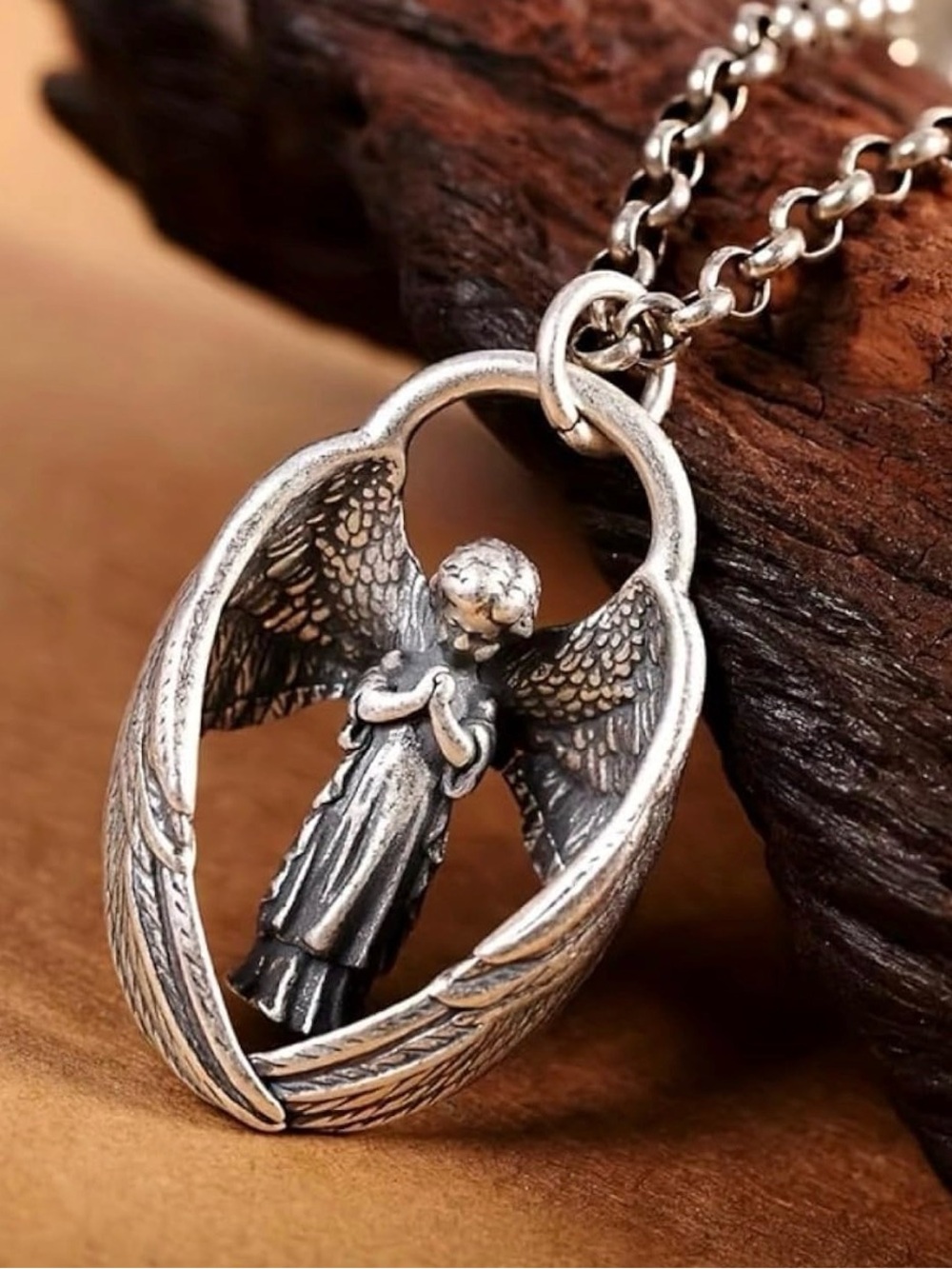 Sterling-Style Silver Angel Pendant Necklace - Guardian Wing Charm. Unisex.